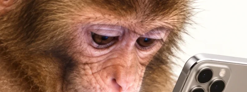 Close-up of the ape's eyes fixed on the phone screen